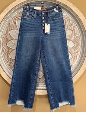 NWT Judy Blue Indigo High-Rise Wide-Leg Crop Button-Fly Raw Hem exclusive Jeans